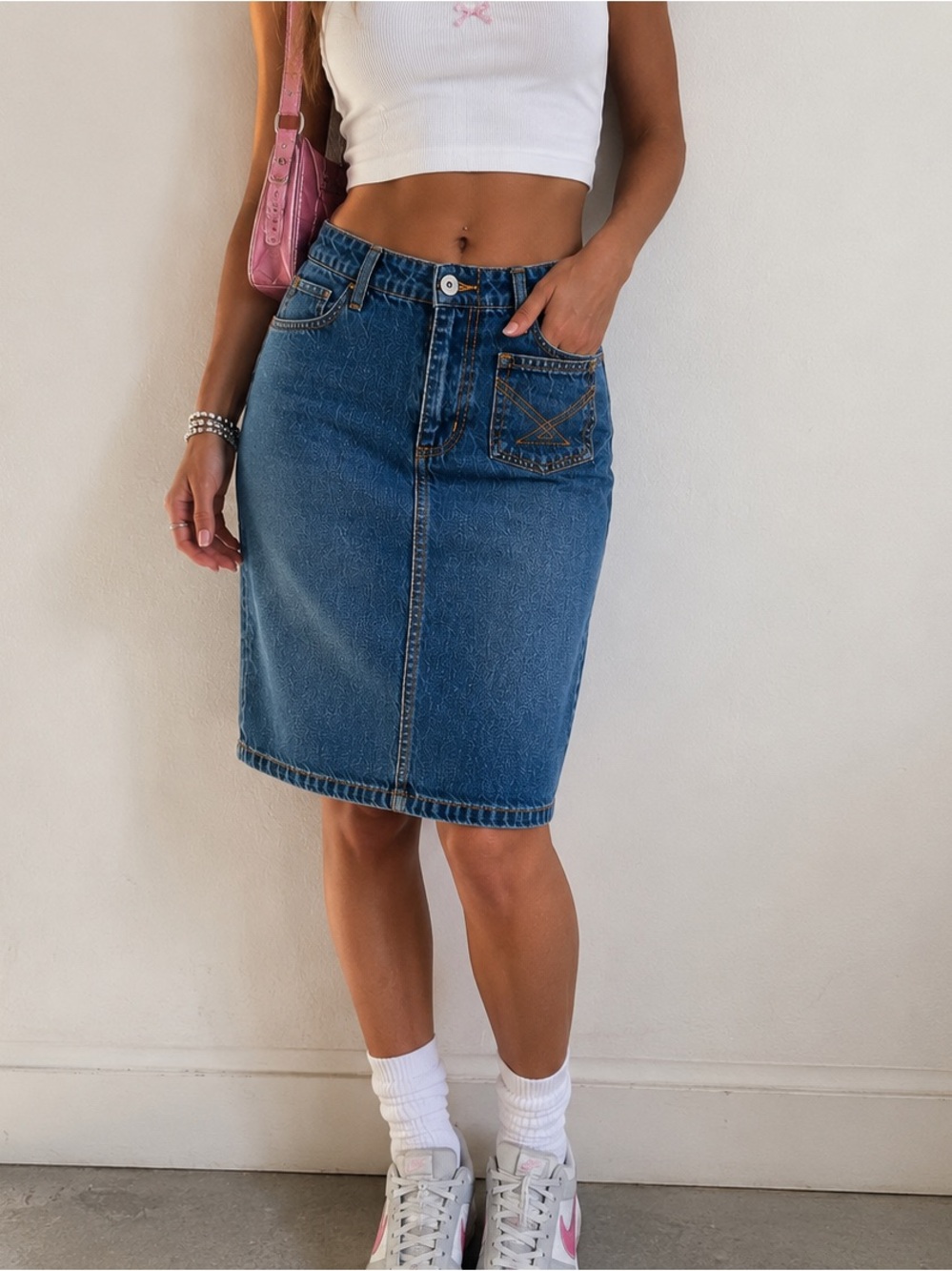 Me & You Vintage Y2K Denim Midi Skirt Blue 100% Cotton Back Slit Size Medium